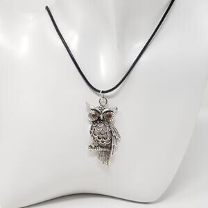 Owl Pendant Necklace w/ White Opalescent Resin Body & Bronze Eyes